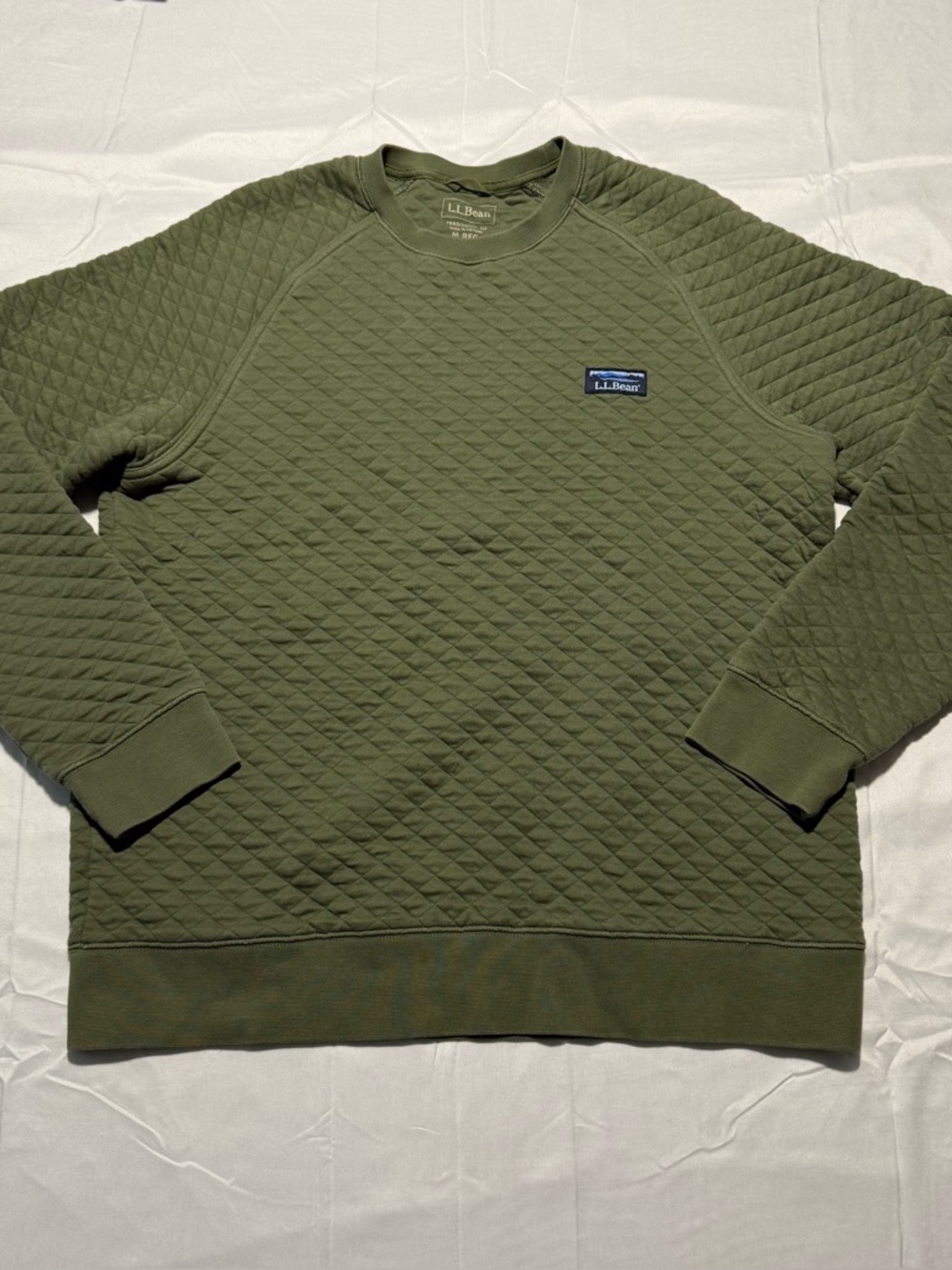 LL Bean Sweatshirt Mens Medium Olive Green Quilted Cotton Blend Pullover